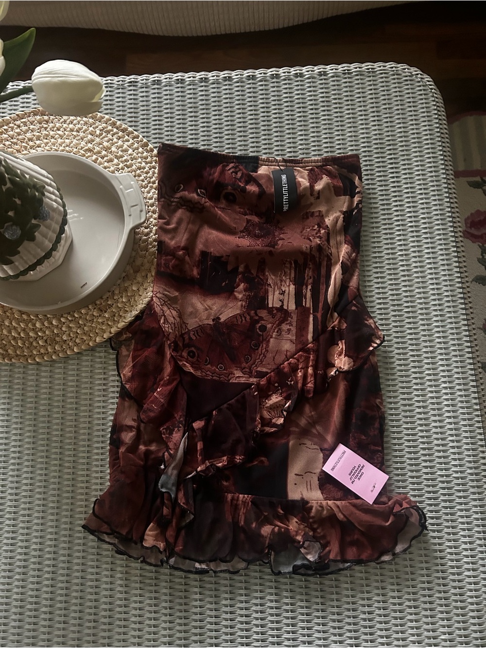 Princess Polly Burgundy Brown Printed Ruffle Mini Skirt